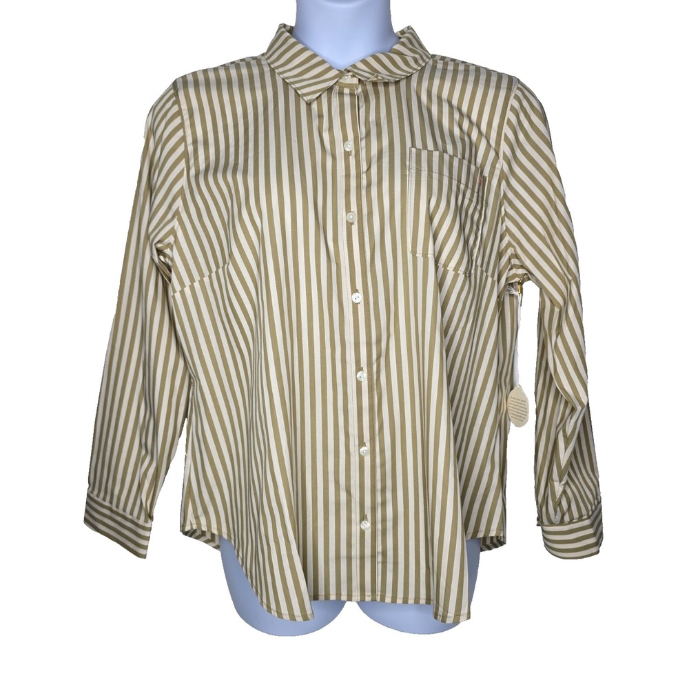 Spartina 449 Women's XXL 2XL Louane Poplin Khaki Striped Button Blouse Top NEW